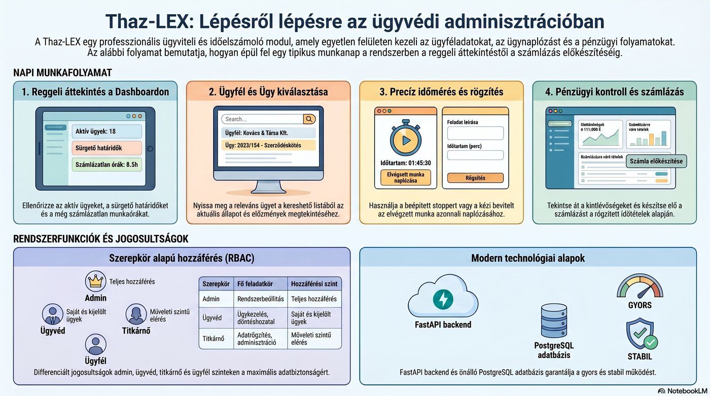 Thaz-LEX infografika – napi munkafolyamat és rendszerfunkciók